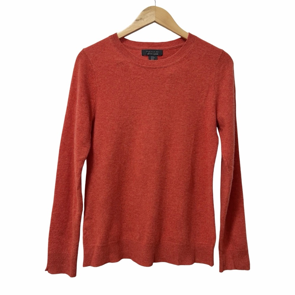 Tahari Women 2-Ply Cashmere Crew Neck Sweater Size M Orange Quiet Luxury Autumn